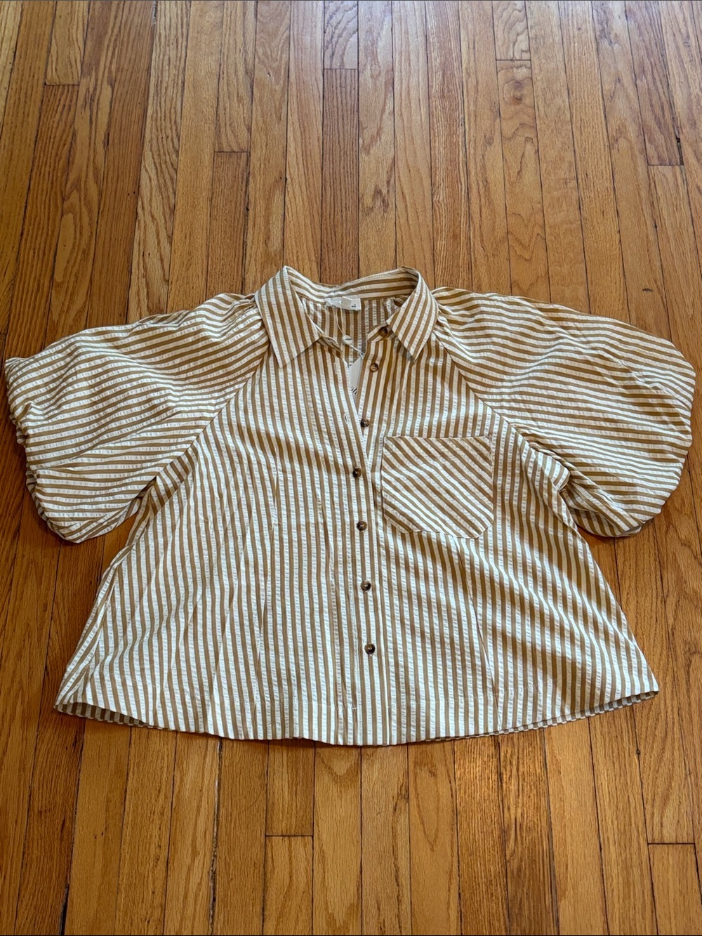 Striped Button-Front Puff Sleeve blouse. Bohme size medium